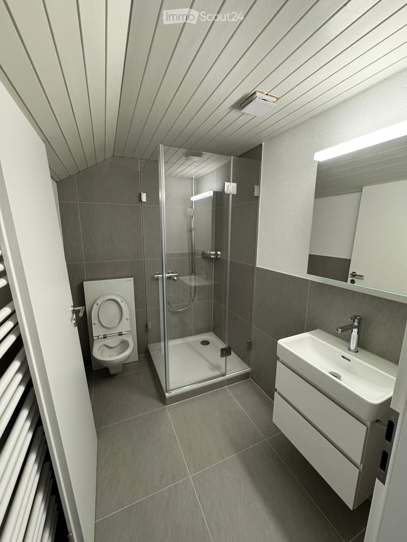 modern bathroom with shower, toilet, sink, mirror, and tiled floor