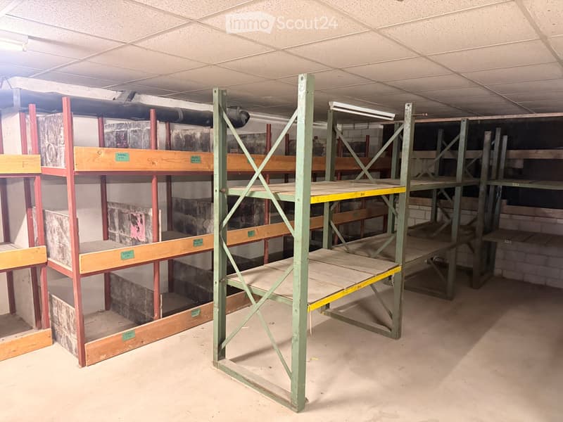 Storage room with metal shelves, wooden shelves, and brick walls