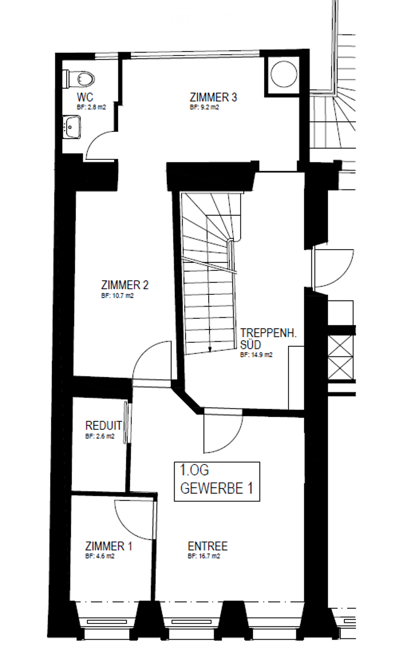 WC, 3 bedrooms, stairwell, entrance hall, office