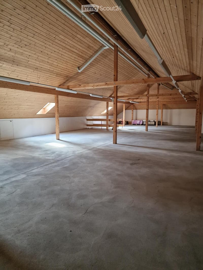 Empty room with wooden beams, concrete floor, white walls, two windows, wooden stairs