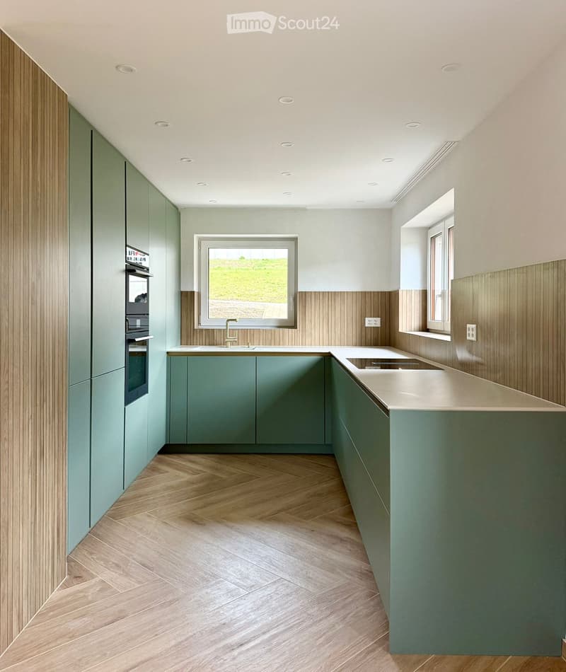 modern kitchen with wooden flooring, green cabinets, white countertops, double sink, oven, windows