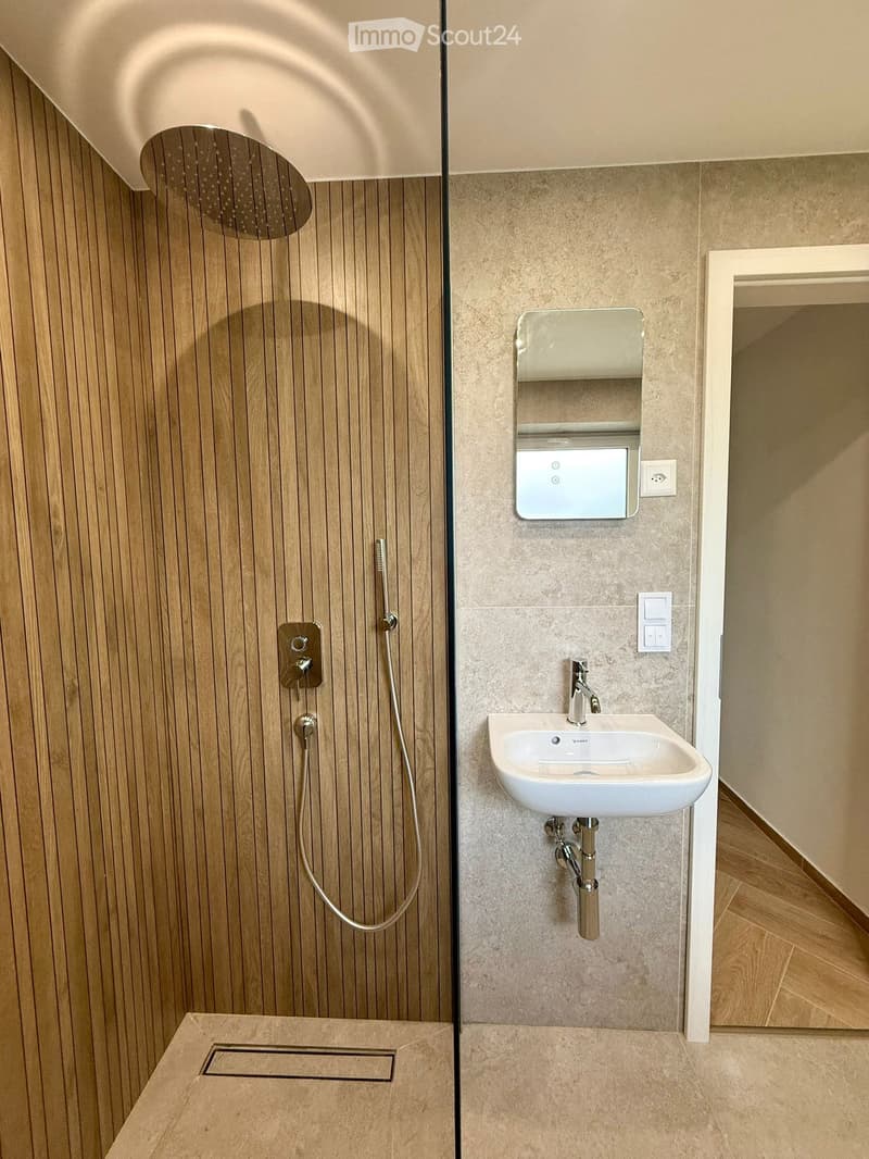 Modern bathroom with wooden wall, shower, sink, mirror, and power outlet