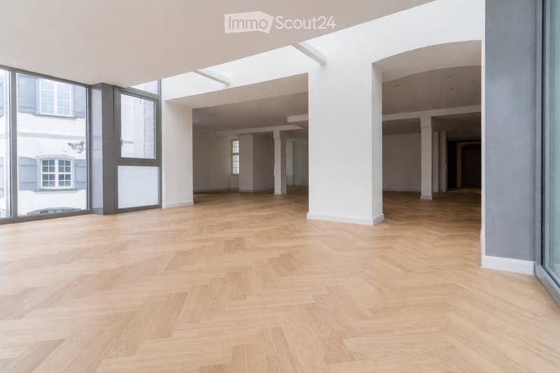 large open space, wooden parquet flooring, large windows, high ceiling
