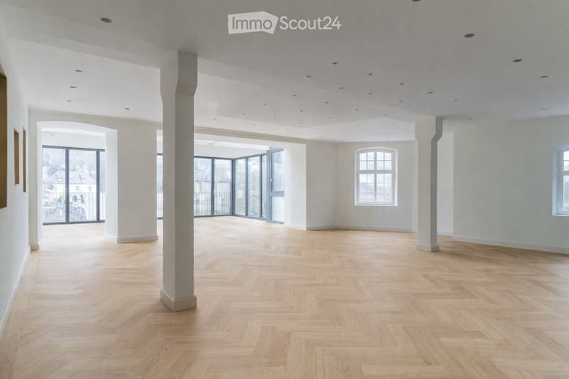 large open space, wooden parquet flooring, white walls, large windows, balcony