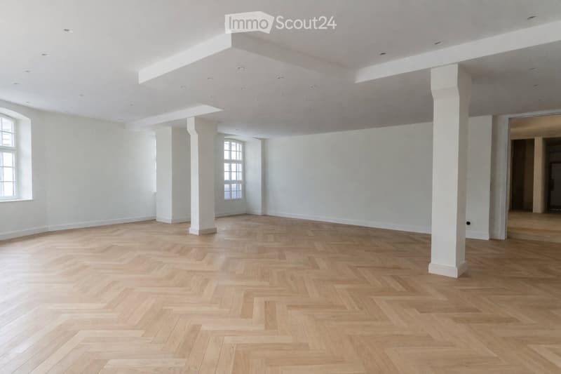 empty room, wooden parquet flooring, white walls, white ceiling, two windows, two white pillars
