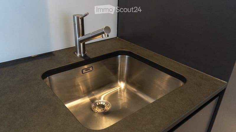 Stainless steel sink, modern faucet, dark countertop, light wall