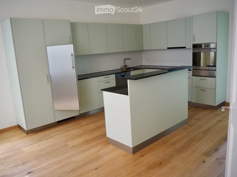modern kitchen with white cabinets, black countertops, stainless steel appliances, wooden floor
