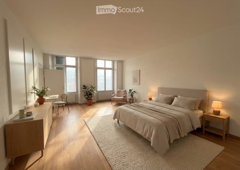 Bedroom with wooden floor, large bed, two nightstands, lamps, rug, wooden cabinet, plants, chair, desk, picture frame, window with shutters