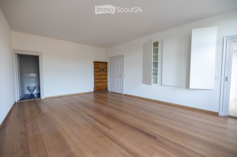 empty room, wooden floor, white walls, white doors, white cabinets, toilet
