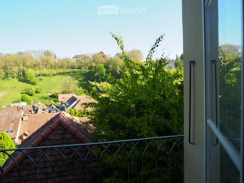 View from balcony, overlooking a green hill with trees and houses