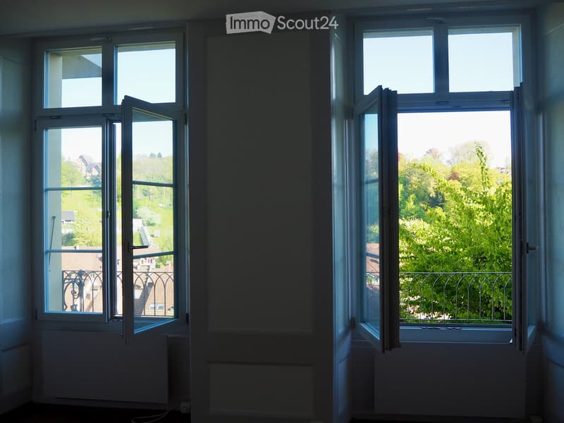 Two windows, open to balcony, white walls, white ceiling, white radiators, view of trees and houses