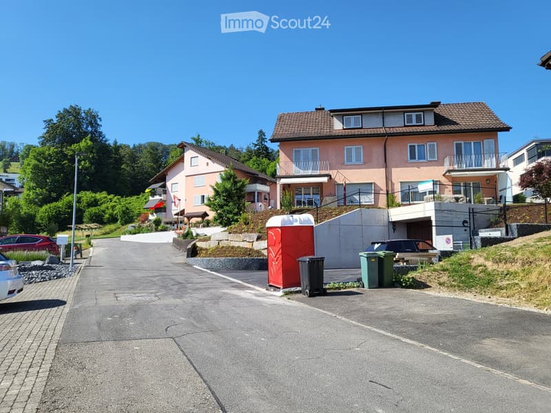 Two houses on a street, one with a brown roof and one with a pink facade, surrounded by trees and bushes, with a red portable toilet and two trash bins on the side of the road.