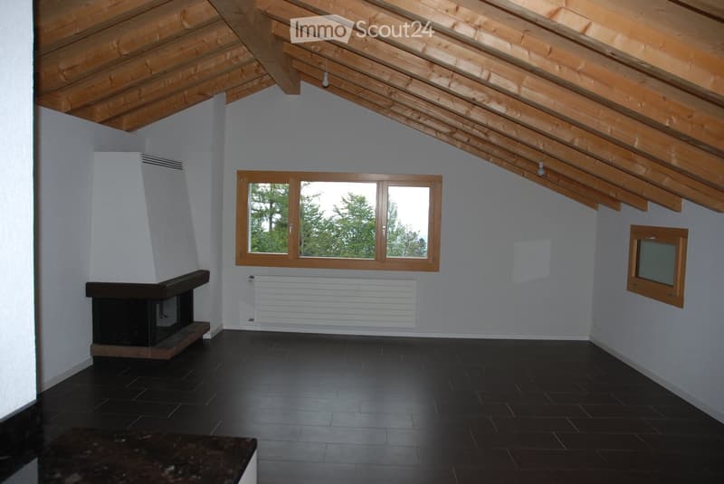 empty room, wooden ceiling, fireplace, window, radiator, tiled floor