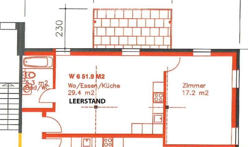 Floor plan of a residential unit with a living/dining/kitchen area (29.4 m2), a bedroom (17.2 m2), a bathroom (5.3 m2), and a separate storage area (6.51.9 m2).