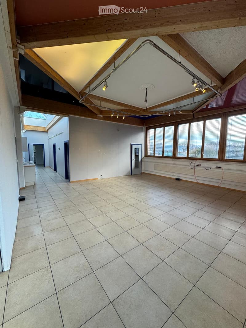 large open space, tiled floor, wooden beams, skylight, large windows, power outlets