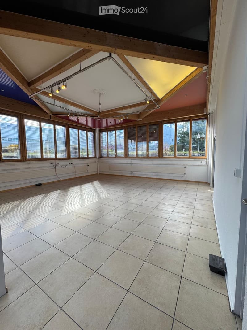large room, tiled floor, wooden beams, large windows, track lighting