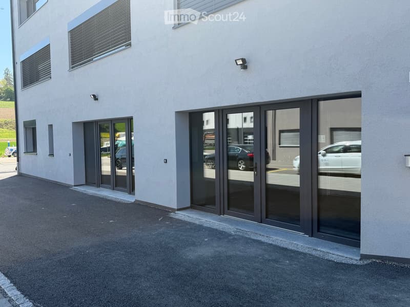 modern building with glass doors, parking area, gray walls, security lights