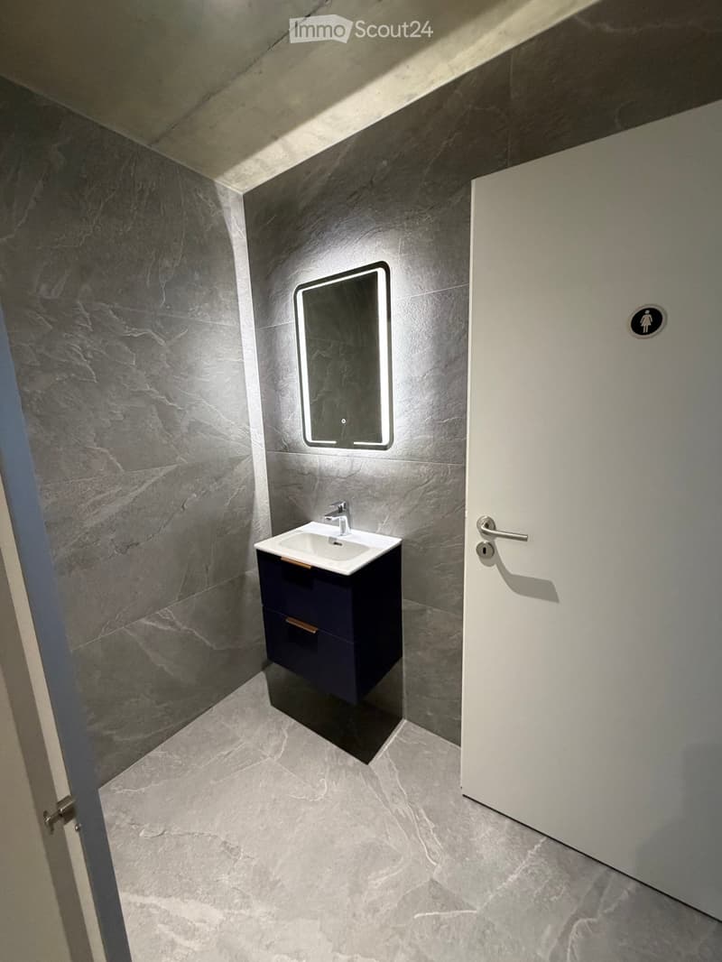 small bathroom with gray tiles, white sink, mirror, and blue cabinet