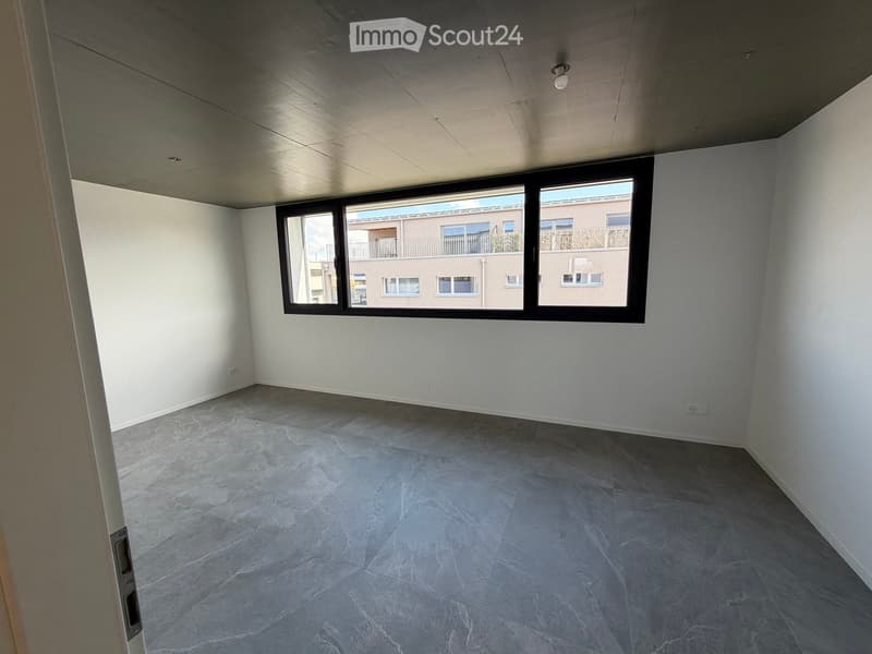 empty room, white walls, gray floor, large window, modern design