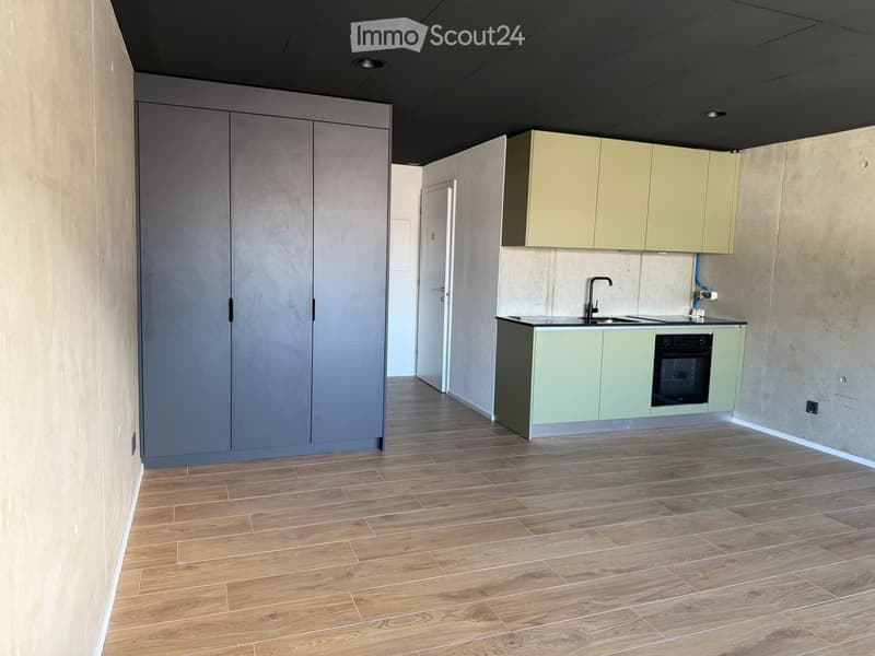 empty room, wooden floor, gray wardrobe, green cabinets, sink, oven