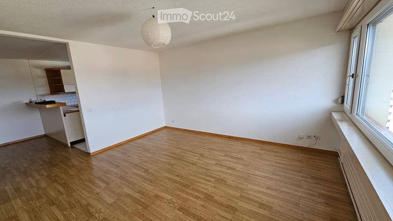 empty room, wooden floor, white walls, large window, kitchen area