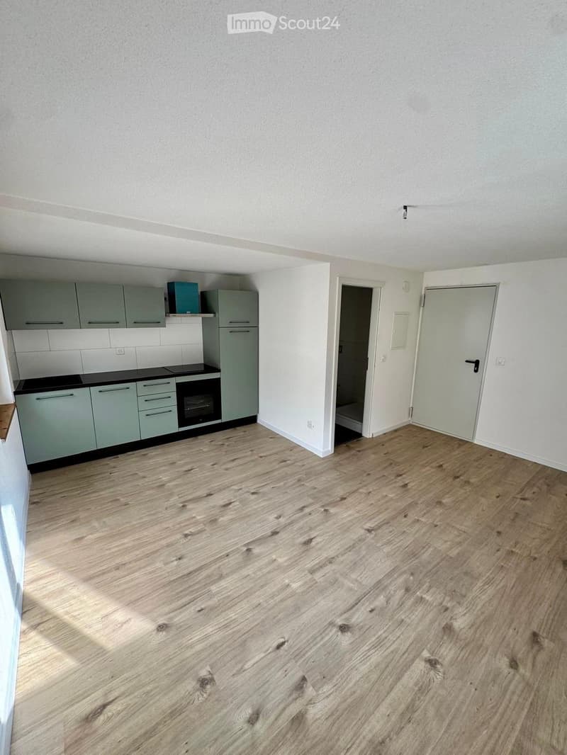 Empty kitchen with wooden floor, white walls, green cabinets, black countertops, and an oven.