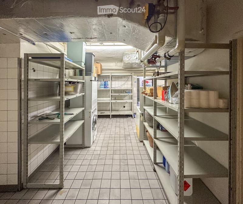 Storage room with shelves, washing machine, buckets, and various items