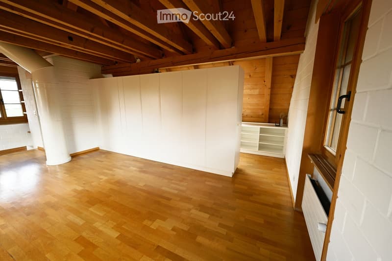 empty room, wooden floor, white walls, wooden ceiling, large white cabinets, white shelves, window
