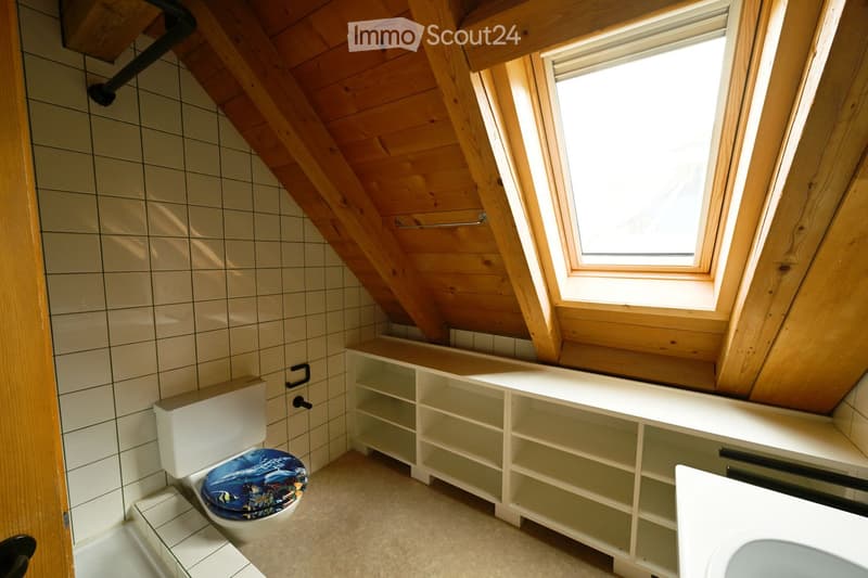 Bathroom with white tiles, wooden ceiling, toilet, bathtub, shelves, skylight window