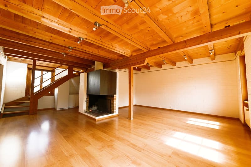 wooden floor, wooden ceiling, fireplace, staircase