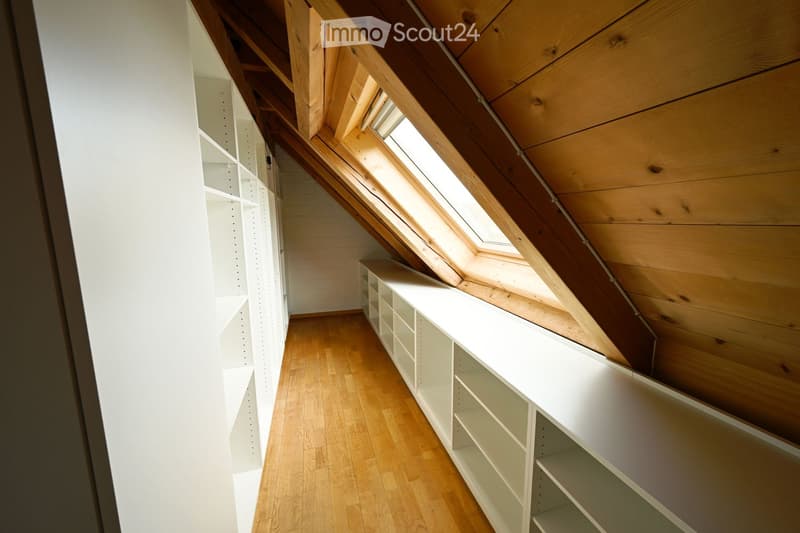 attic room with wooden ceiling, white shelves, wooden floor, skylight