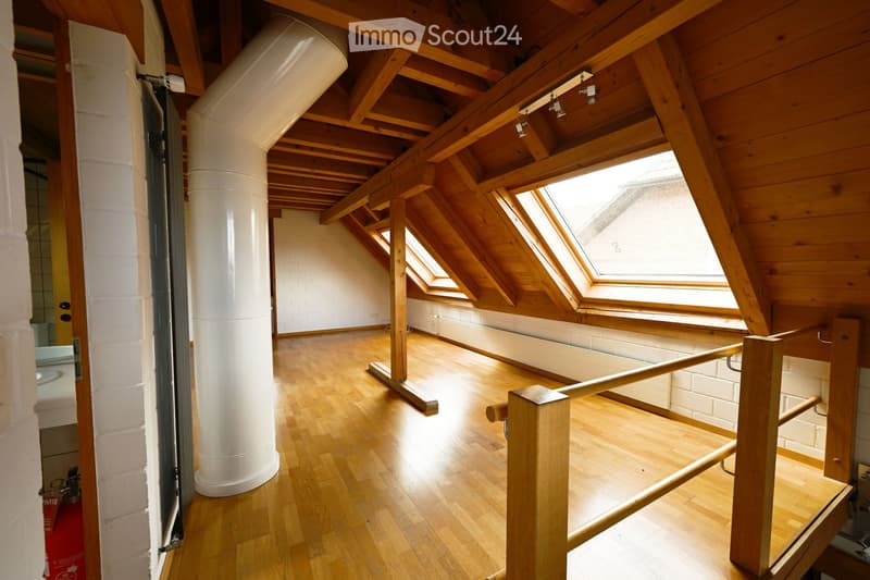 wooden floor, wooden beams, skylights, white walls, white pipe