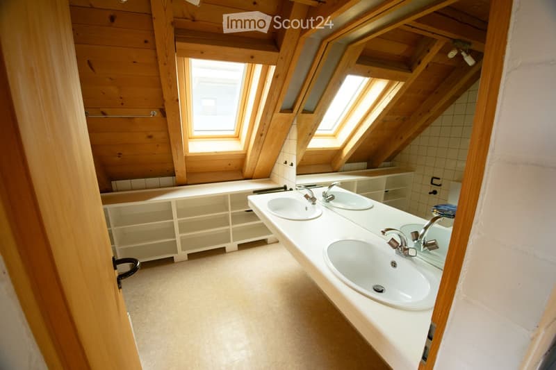 Bathroom with wooden ceiling, two sinks, mirror, and two skylights