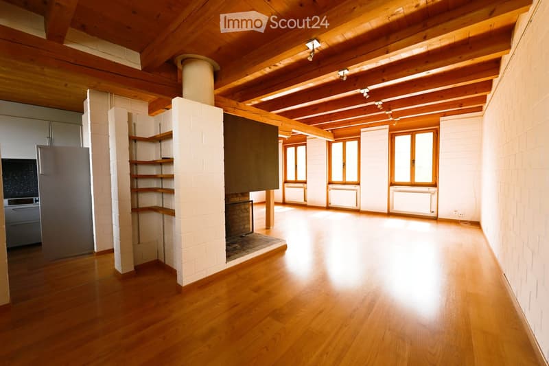 wooden floor, wooden ceiling, fireplace, white walls, windows