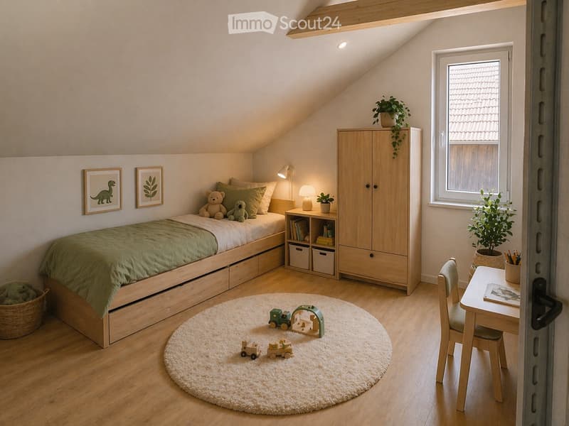 A cozy children's bedroom with a bed, wooden floor, round rug, wooden cabinet, desk, chair, and plants.