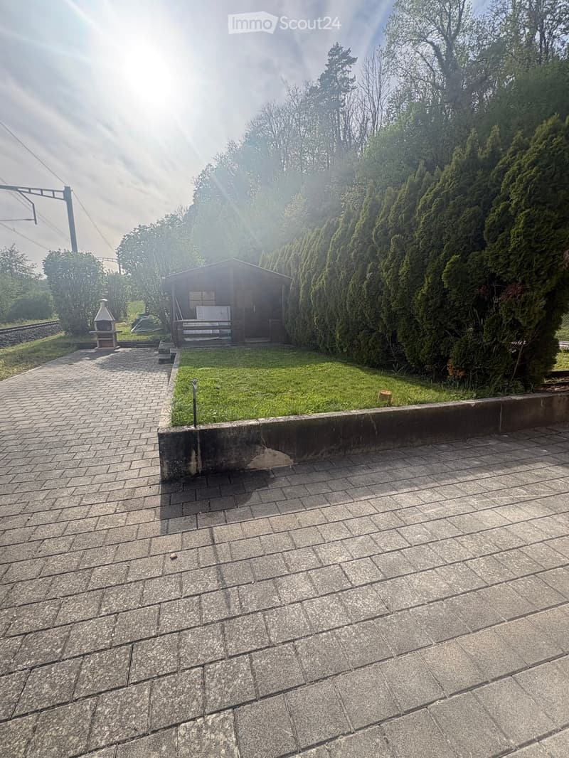 brick paved driveway, small wooden house, green lawn, hedges, trees, power lines