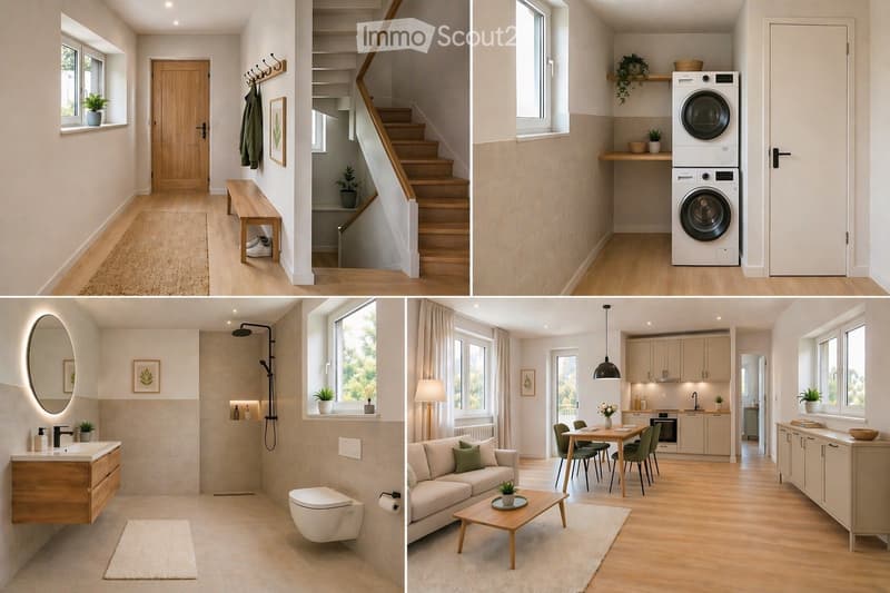 Entrance hall, wooden door, wooden bench, wooden stairs, bathroom with shower, toilet, sink, living room with couch, coffee table, dining room with table, kitchen with oven, dishwasher, cabinets, windows