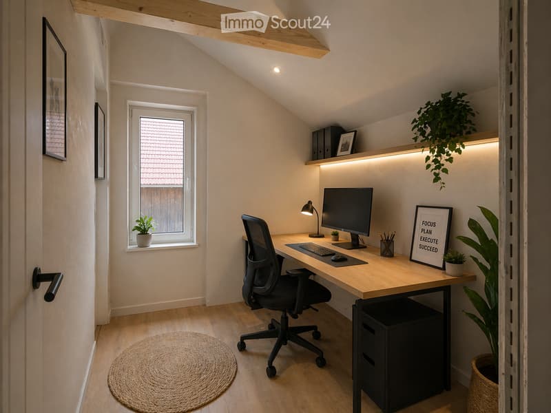 Small room with desk, chair, computer, plants, rug, framed pictures, and a window.