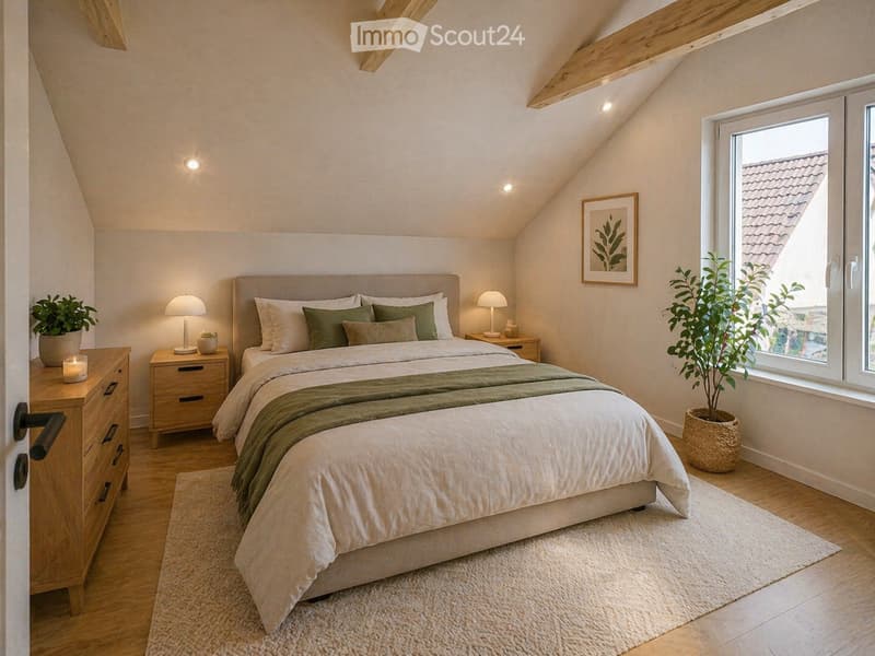 Bedroom with wooden floor, white walls, wooden ceiling, bed with white and green bedding, nightstands with lamps, potted plants, rug, wooden dresser, and a window with a view.