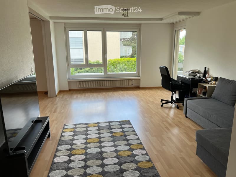 Bright living room with wooden flooring, large windows, sofa, chair, desk, screen, and books.