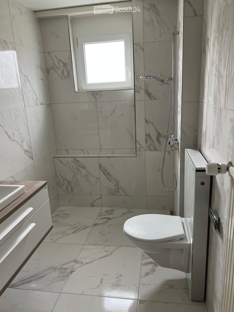 Bathroom with white marble tiles, white toilet, white sink, shower head, window