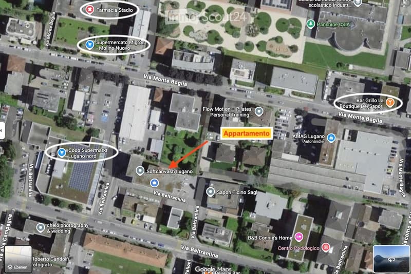 Aerial view of a city with various buildings, roads, and landmarks. The map highlights the location of an apartment, nearby supermarkets, a pharmacy, a car wash, and other amenities.