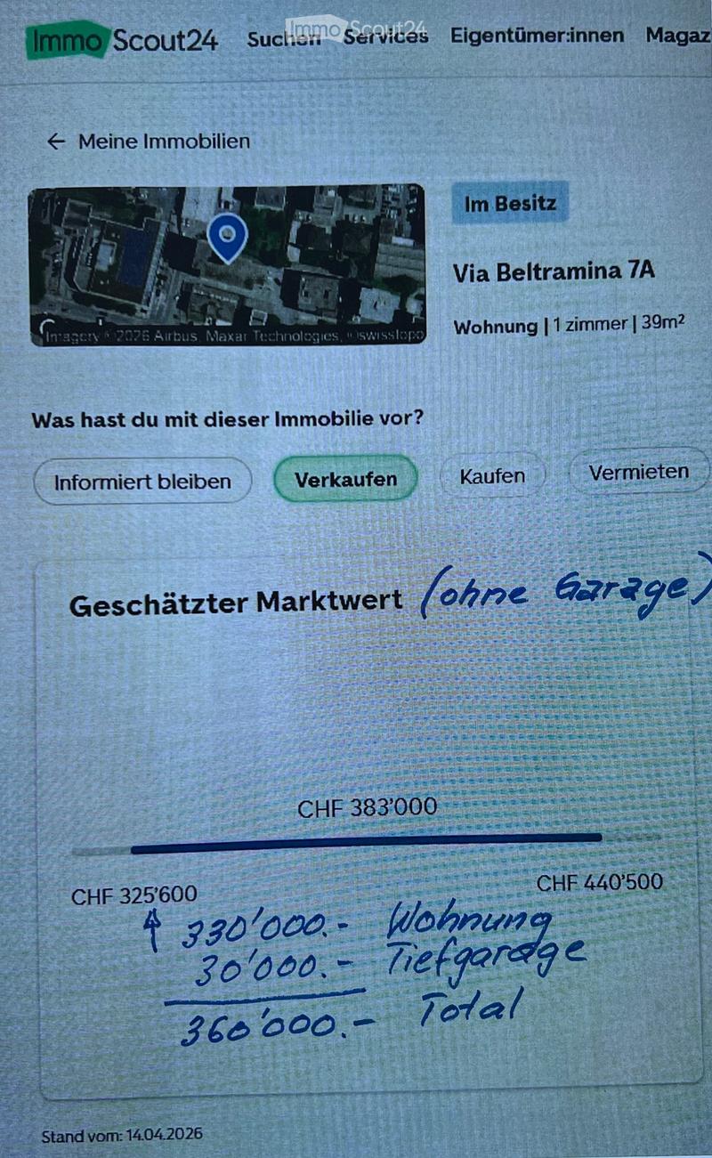 Property valuation for an apartment at Via Beltramina 7A, including a living room, 11 rooms, and 39m2. The estimated market value is CHF 383,000 without a garage, and CHF 440,500 with a garage.