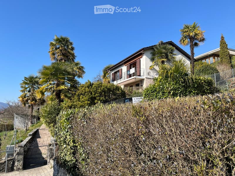 House with balcony, white exterior, brown roof, surrounded by greenery, pathway leading to the entrance
