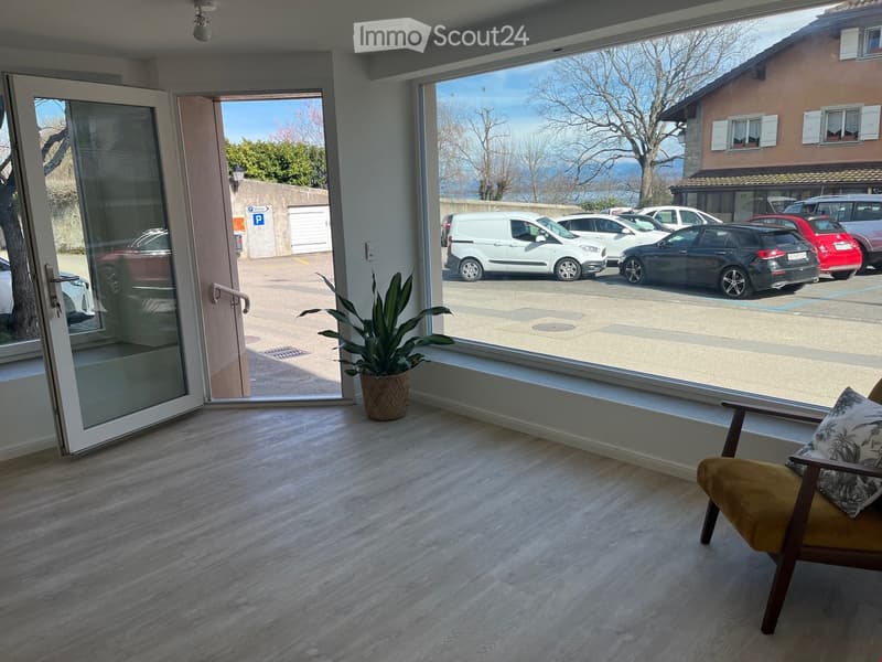 empty room, wooden floor, large windows, plant, chair, view of parking lot