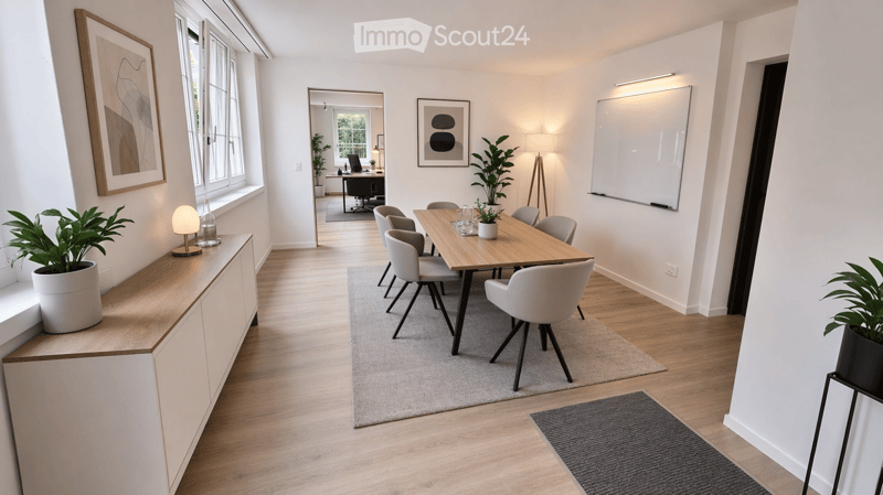 Dining room with a wooden table, chairs, a rug, a whiteboard, a lamp, and potted plants