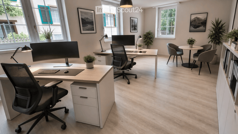 modern office with 2 desks, 2 monitors, 2 chairs, table, plants, lamps, cabinets