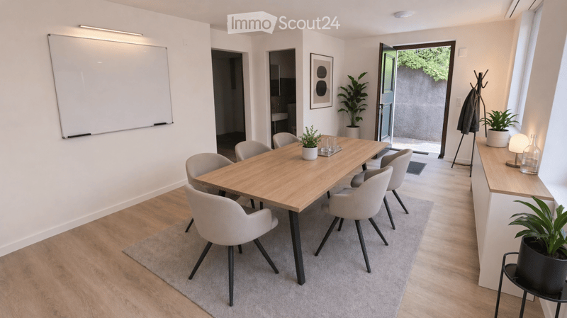 Dining room with wooden table, chairs, plants, and a whiteboard on the wall
