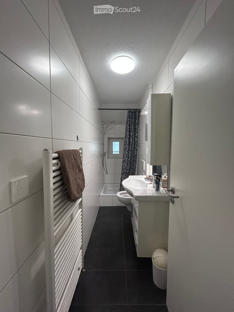 a modern minimalist bathroom, white tiles, white fixtures, modern shower, large mirror