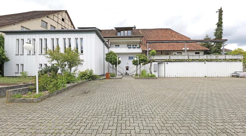 2 story house, white exterior, red roof, brick driveway, trees, plants, street lamp
